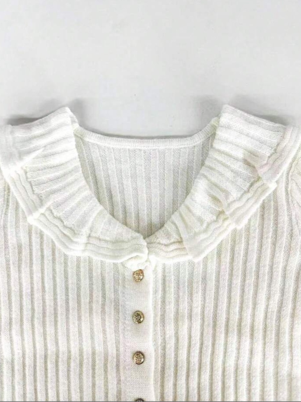 Ribbed V-Neck Ruffle Gold Button-Front Cardigan Sweater - Picture 6 of 6